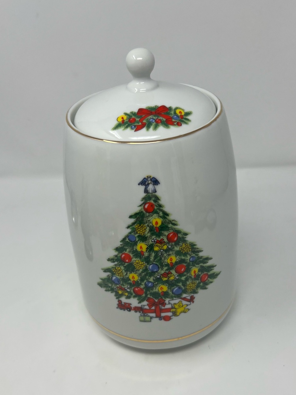Christmas Treasure Jamestown China Canister Cookie Jar 24K Gold Trim Vintage